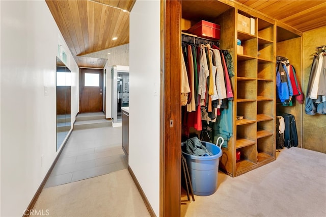 spacious closet with light colored carpet and vaulted ceiling