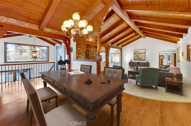 dining room featuring a fireplace, lofted ceiling with beams, wood ceiling, wood finished floors, and a chandelier