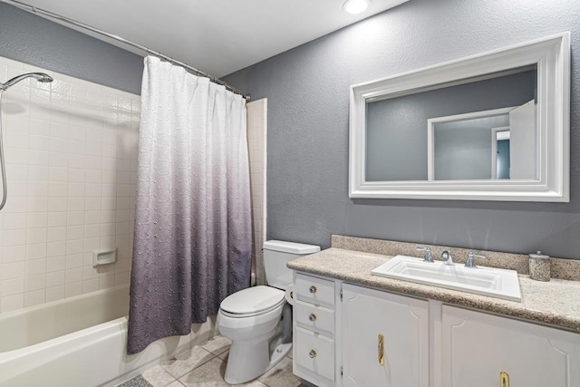 full bathroom featuring tile patterned floors, vanity, toilet, and shower / tub combo with curtain