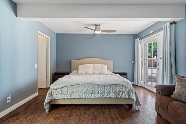 bedroom with ceiling fan, access to exterior, and wood-type flooring