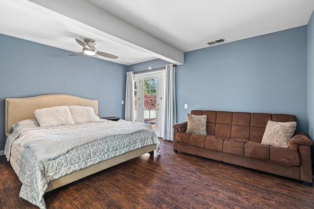 bedroom with access to outside, ceiling fan, and dark hardwood / wood-style flooring