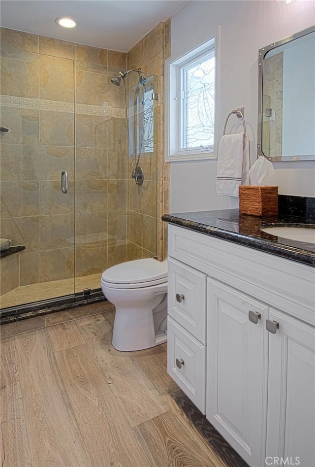 bathroom with vanity, toilet, and walk in shower