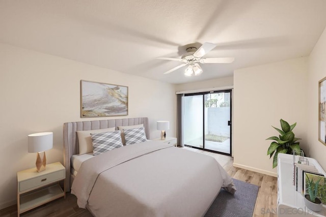 bedroom featuring ceiling fan, light hardwood / wood-style floors, and access to outside