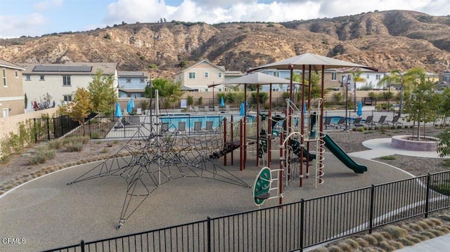 view of play area with a mountain view