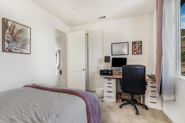 bedroom featuring light carpet and a closet