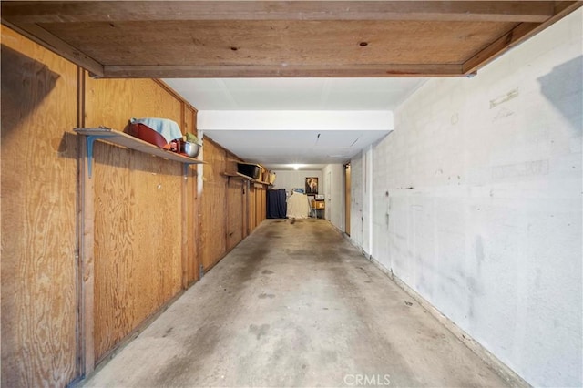 hallway with wooden walls