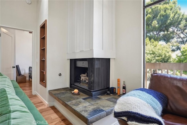 living room featuring built in features and light hardwood / wood-style floors