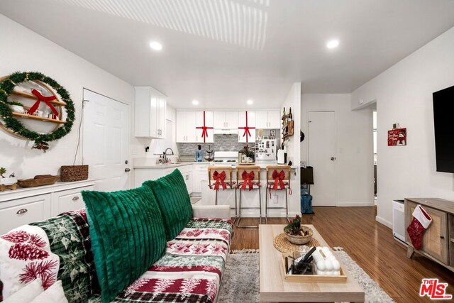 living room with sink and dark wood-type flooring