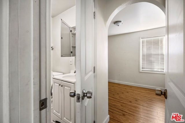 bathroom with hardwood / wood-style floors and vanity