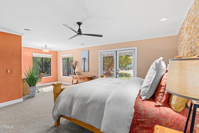 bedroom with carpet, access to exterior, ceiling fan, crown molding, and french doors