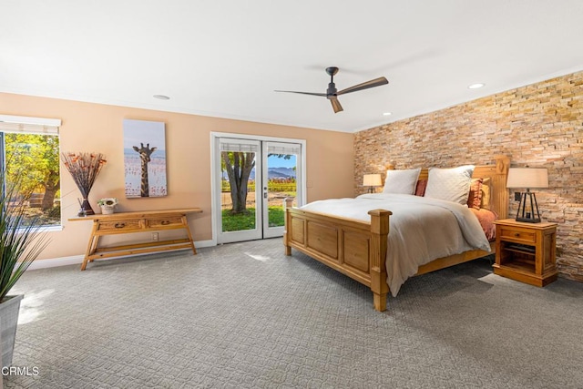 bedroom with ceiling fan, carpet, and access to outside