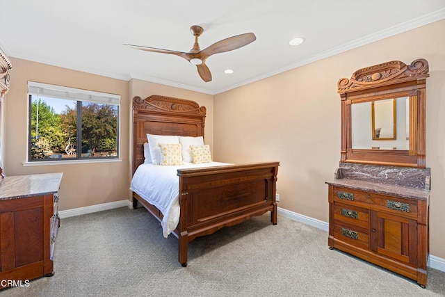 bedroom featuring light carpet, ornamental molding, and ceiling fan