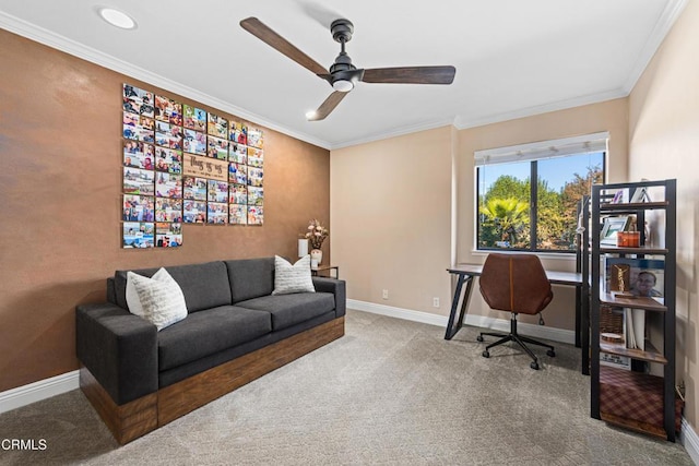 office featuring ornamental molding, carpet, and ceiling fan