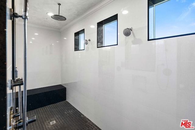 interior space with a tile shower, crown molding, and a healthy amount of sunlight