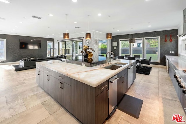 kitchen with a large island with sink, a wealth of natural light, sink, and dark brown cabinets