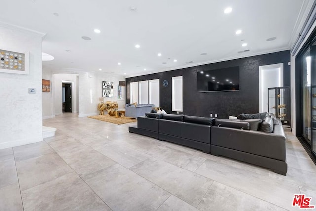 living room with crown molding