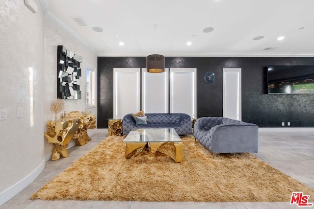 living room with light tile patterned floors and crown molding