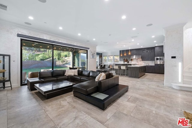 living room featuring crown molding