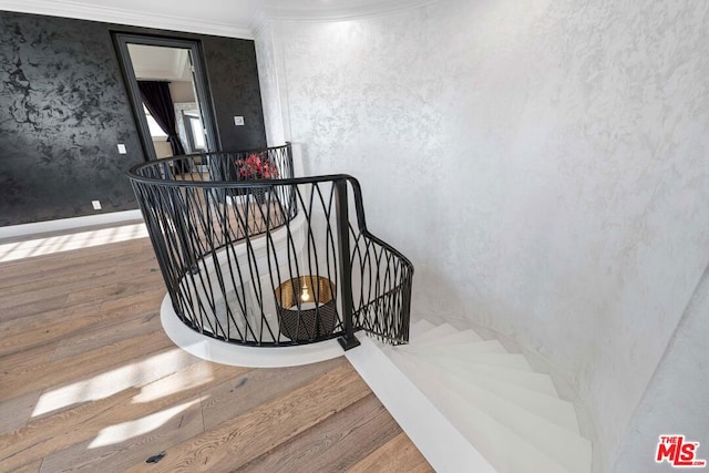 staircase featuring hardwood / wood-style floors and crown molding