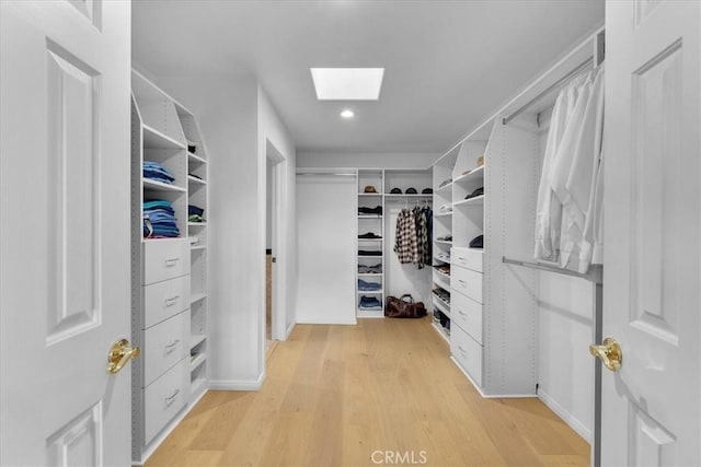 spacious closet with light wood-type flooring and a skylight