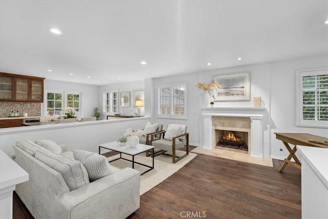 living room featuring plenty of natural light, dark hardwood / wood-style floors, and a fireplace