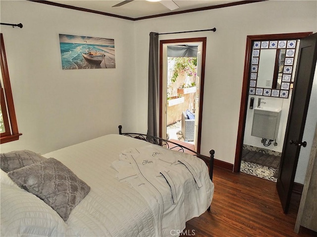 bedroom featuring dark hardwood / wood-style floors, ceiling fan, and ornamental molding