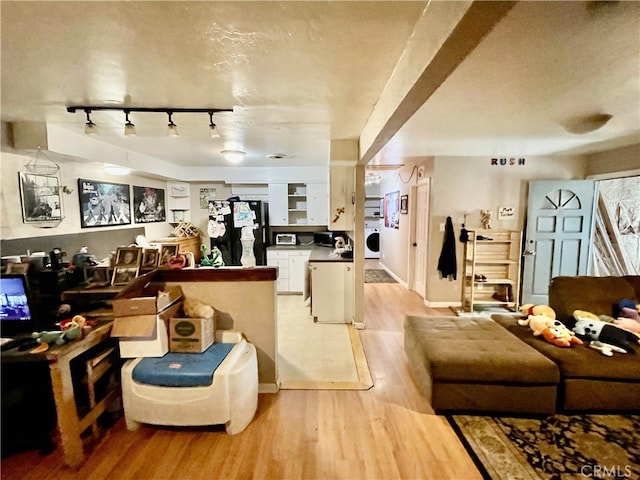 living room with washer / dryer, light wood-type flooring, and track lighting