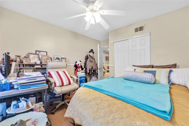 bedroom featuring carpet flooring, a closet, and ceiling fan