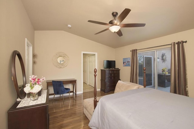 bedroom featuring ceiling fan, access to exterior, lofted ceiling, and dark wood-type flooring