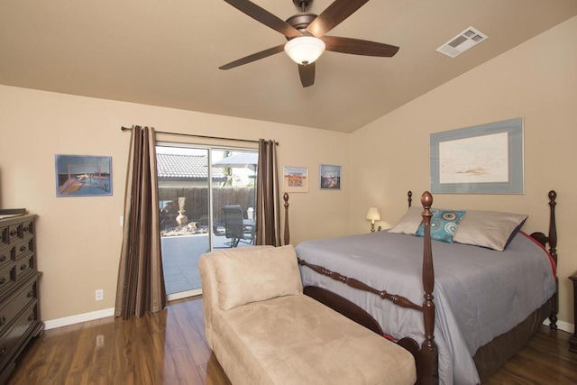 bedroom featuring ceiling fan, access to exterior, vaulted ceiling, and dark hardwood / wood-style floors