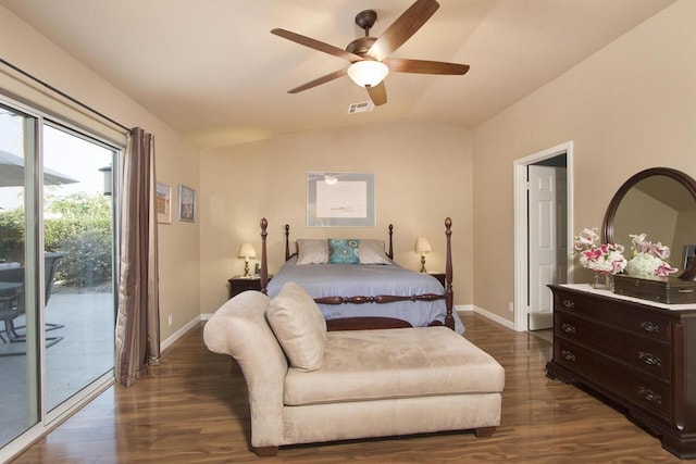 bedroom featuring ceiling fan, dark hardwood / wood-style floors, access to outside, and lofted ceiling