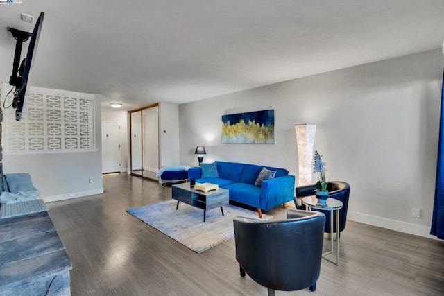 living room featuring dark wood-type flooring