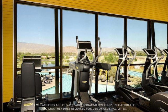 gym featuring a water and mountain view, wooden walls, and plenty of natural light