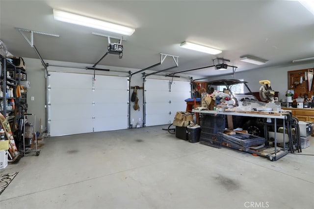 garage featuring a workshop area and a garage door opener