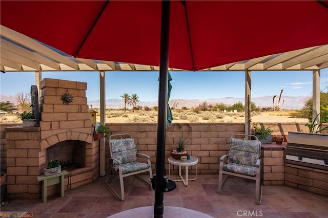 view of patio / terrace with exterior kitchen, an outdoor stone fireplace, a grill, and a pergola