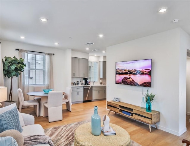 living room featuring light hardwood / wood-style floors and sink