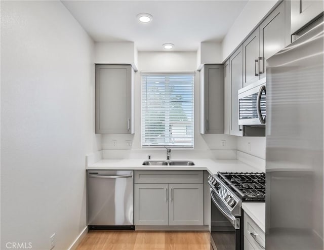 kitchen featuring stainless steel appliances, gray cabinets, light hardwood / wood-style floors, and sink