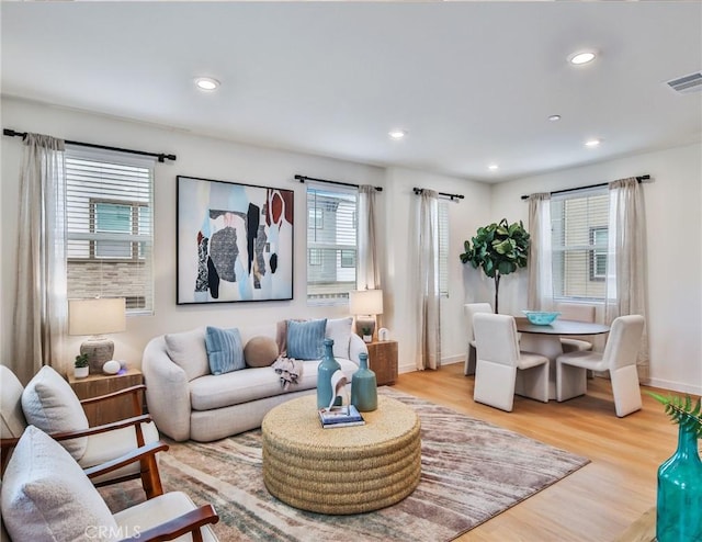 living room with a wealth of natural light and light hardwood / wood-style flooring