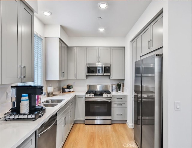 kitchen featuring gray cabinets, sink, light wood-type flooring, and appliances with stainless steel finishes