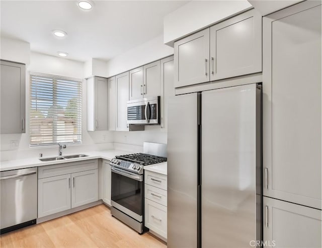 kitchen featuring gray cabinetry, sink, light hardwood / wood-style floors, and appliances with stainless steel finishes