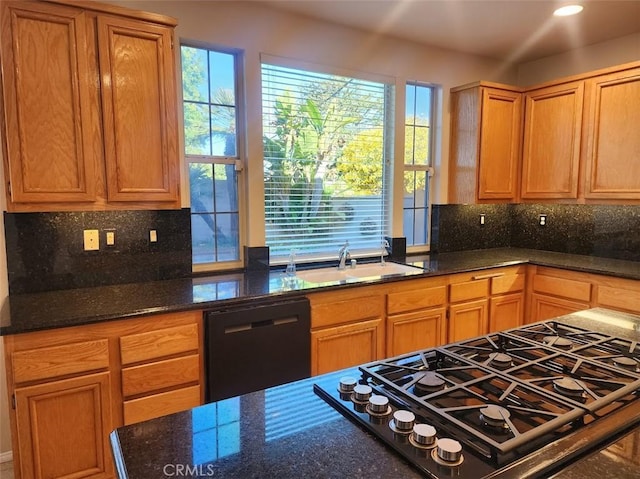 kitchen with gas stovetop, dishwasher, plenty of natural light, and sink