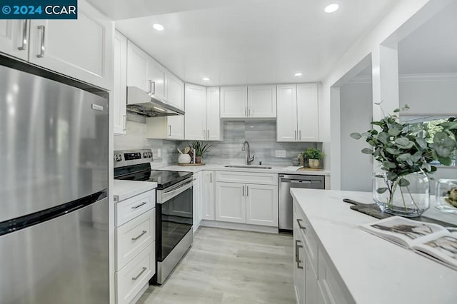 kitchen featuring decorative backsplash, light wood-type flooring, stainless steel appliances, sink, and white cabinetry