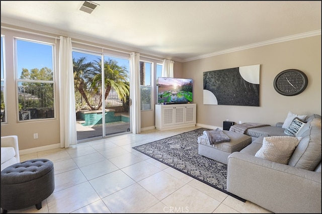 living room with light tile patterned floors and ornamental molding