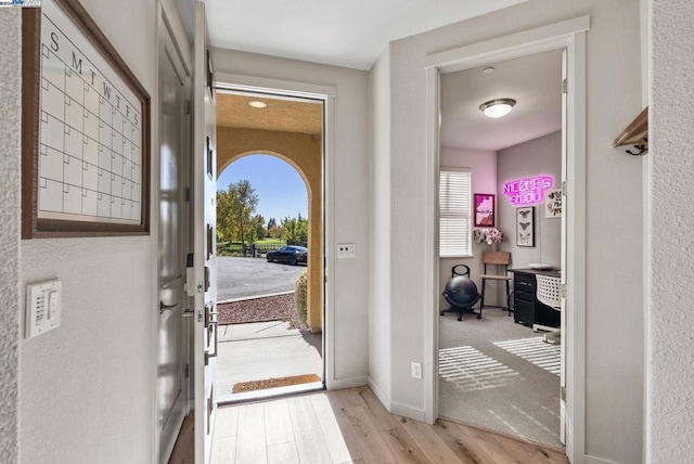 foyer with light hardwood / wood-style flooring and a mail area