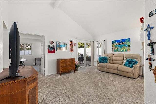 living room with beamed ceiling, light colored carpet, and high vaulted ceiling