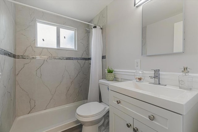 bathroom featuring vanity, a shower with curtain, wood-type flooring, and toilet