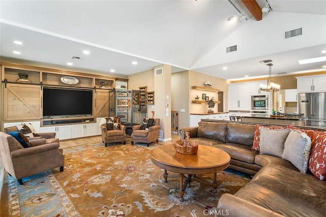 living room with a notable chandelier, beam ceiling, wood-type flooring, and high vaulted ceiling