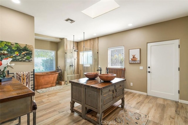 interior space featuring light hardwood / wood-style floors, sink, and a skylight