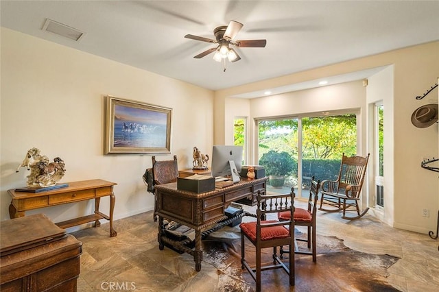 office area featuring ceiling fan