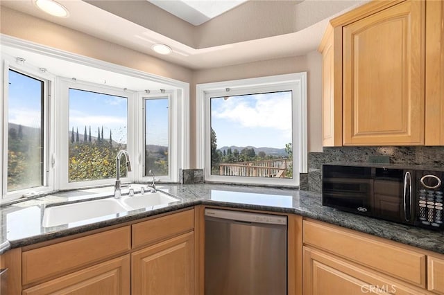 kitchen with stainless steel dishwasher, plenty of natural light, light brown cabinetry, and sink